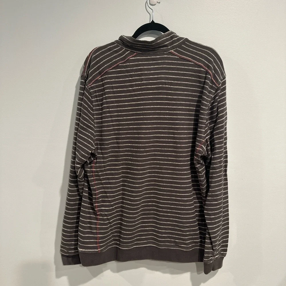 Tommy Bahama Relax Men’s Large Brown Striped Cotton Pullover Quarter Button 🌴🤎